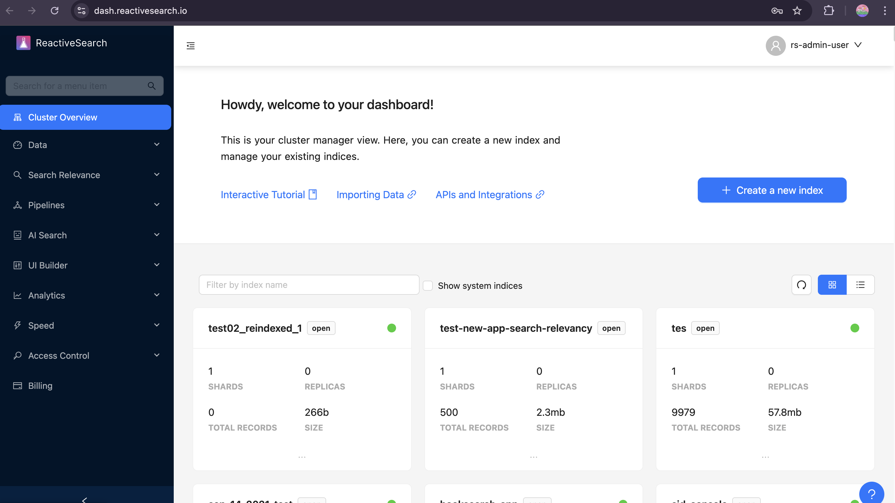 ReactiveSearch Dashboard Overview